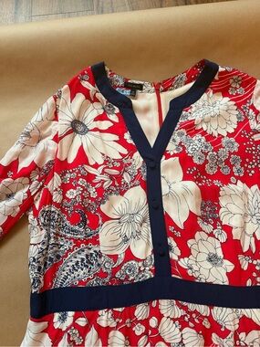 Talbots Red and Navy Floral V-Neck Long sleeve dress